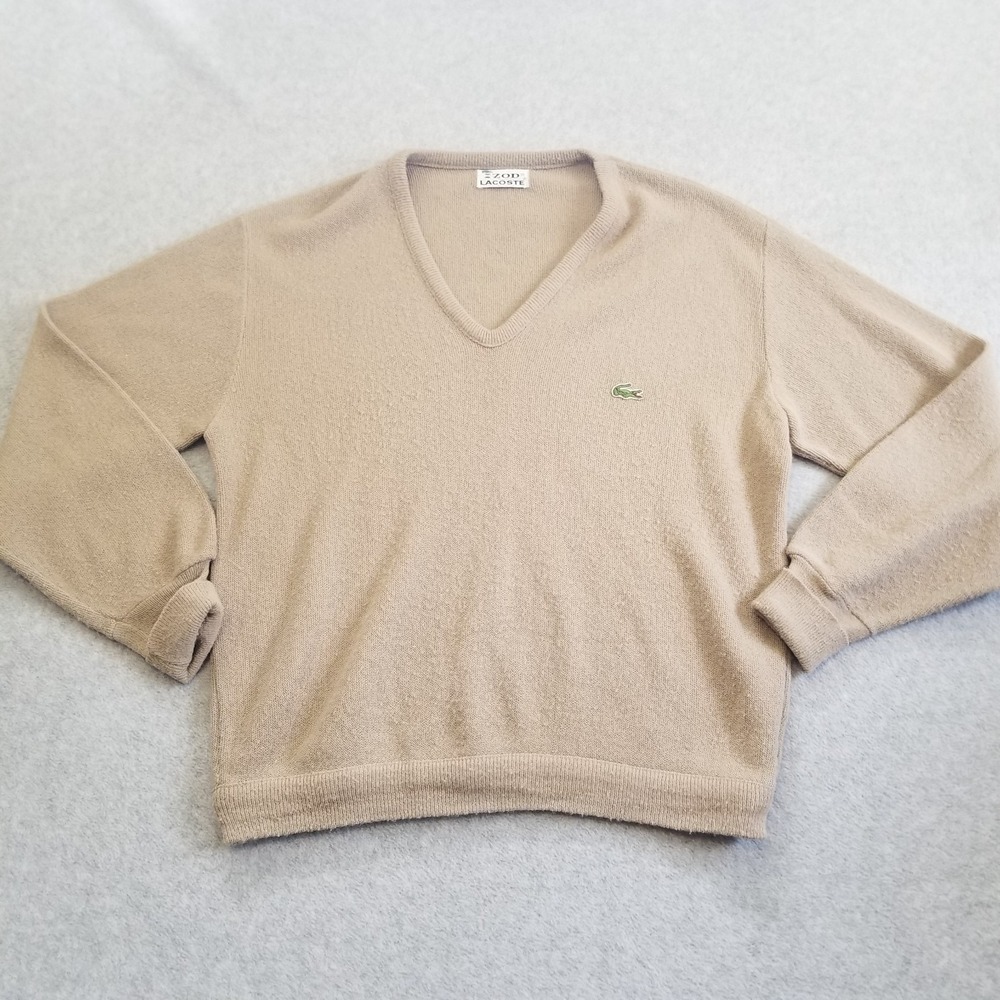 VTG Izod Lacoste Cardigan Mens Large Beige V Neck Sweater Prep Golf 80s